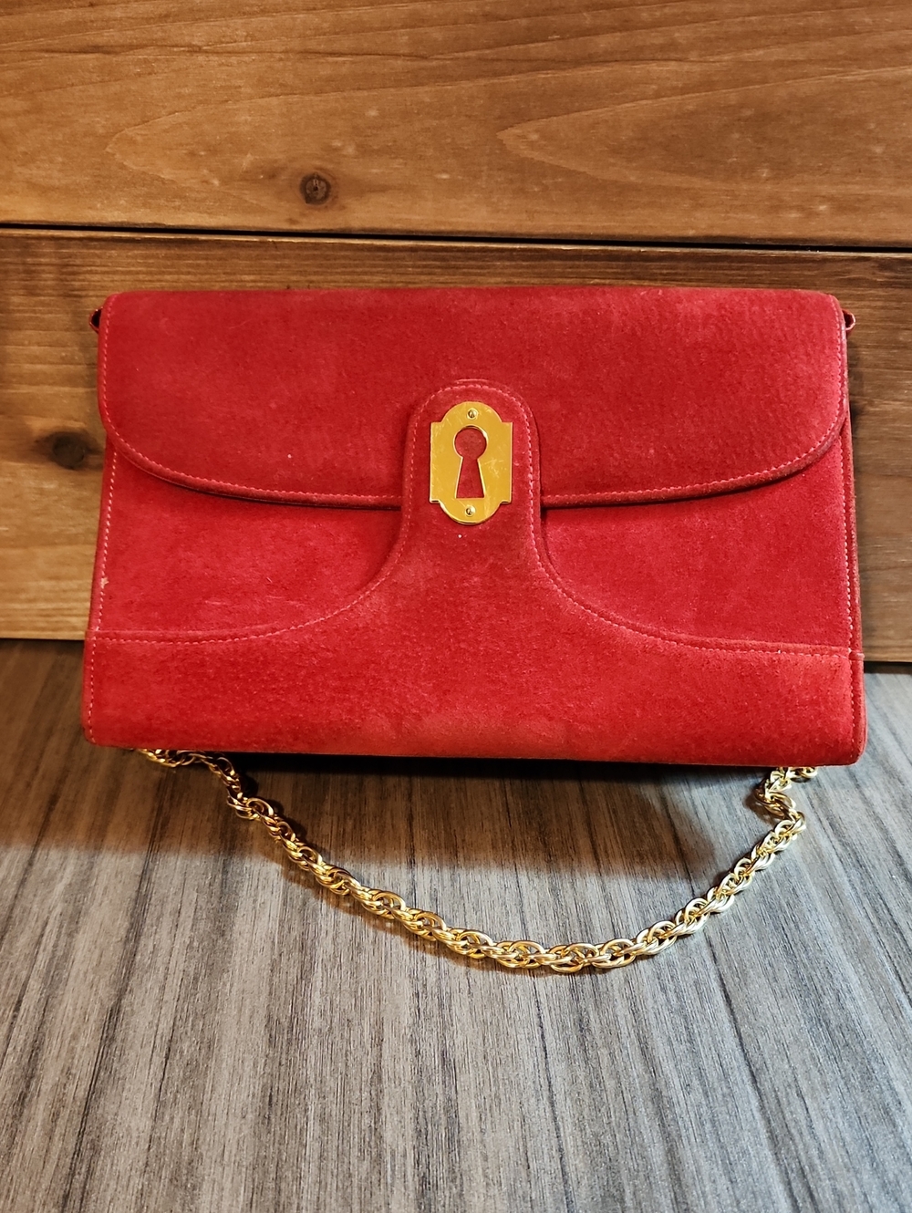 Vintage Krizia Red Suede Envelope Clutch Bag Gold Keyhole Chain - Italy